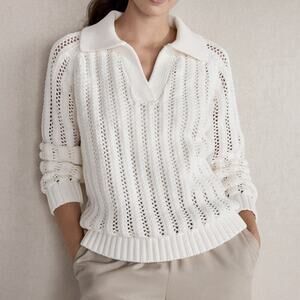 Haven Well Within Open Stitch Johnny Collar Cotton Blend Knit Sweater White